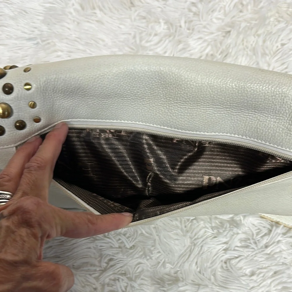 White Studded Hobo Bag with Gold Accents